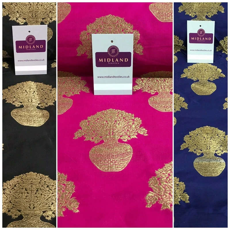 Indian gold Flower pot Banarsi Brocade waistcoat fabric 110 cm Wide MN1101 Mtex