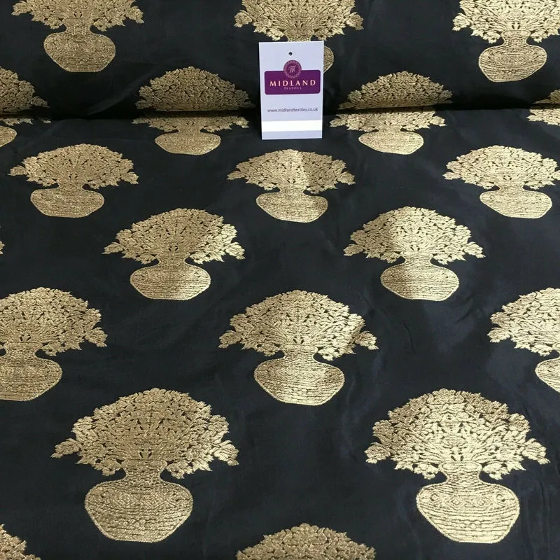 Indian gold Flower pot Banarsi Brocade waistcoat fabric 110 cm Wide MN1101 Mtex