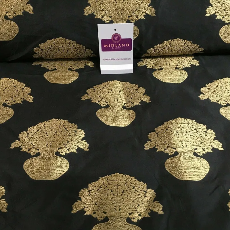 Indian gold Flower pot Banarsi Brocade waistcoat fabric 110 cm Wide MN1101 Mtex