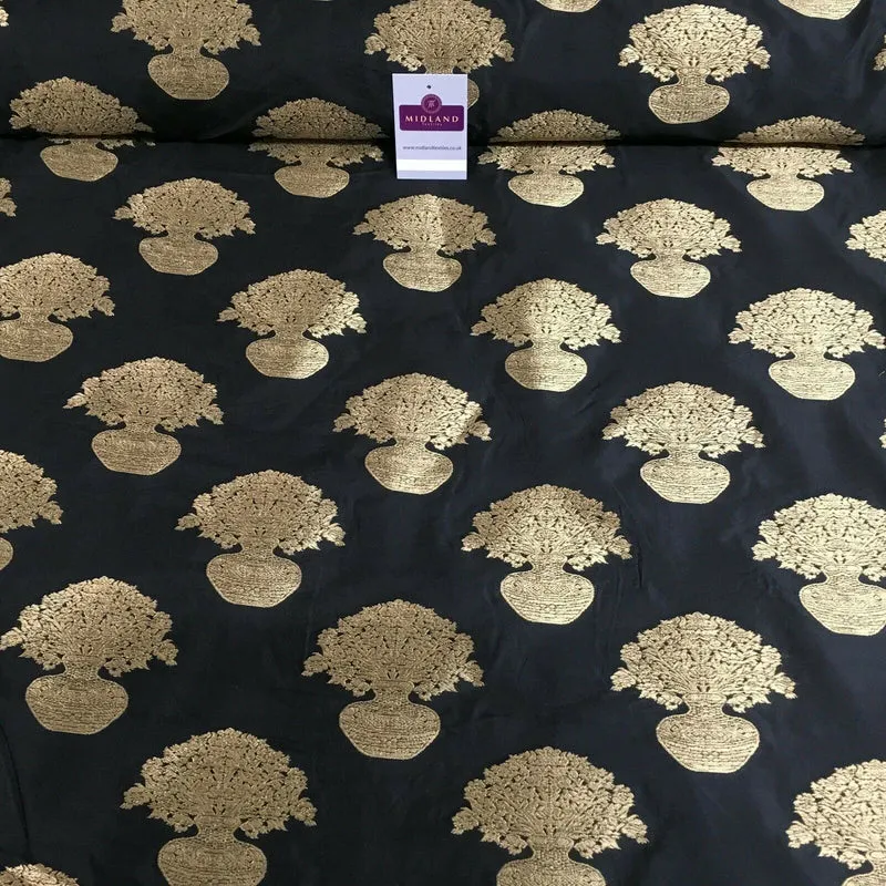 Indian gold Flower pot Banarsi Brocade waistcoat fabric 110 cm Wide MN1101 Mtex