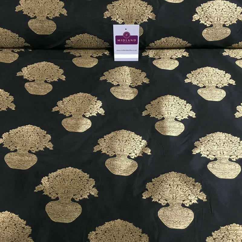 Indian gold Flower pot Banarsi Brocade waistcoat fabric 110 cm Wide MN1101 Mtex