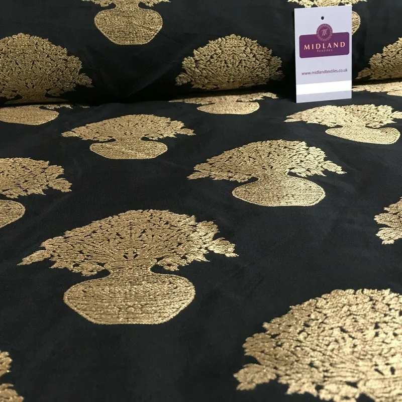Indian gold Flower pot Banarsi Brocade waistcoat fabric 110 cm Wide MN1101 Mtex