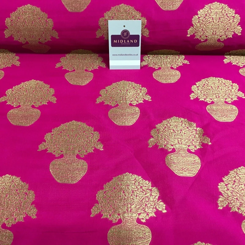 Indian gold Flower pot Banarsi Brocade waistcoat fabric 110 cm Wide MN1101 Mtex
