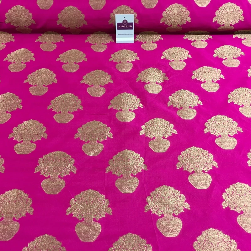 Indian gold Flower pot Banarsi Brocade waistcoat fabric 110 cm Wide MN1101 Mtex