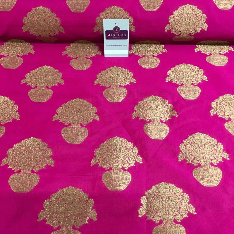 Indian gold Flower pot Banarsi Brocade waistcoat fabric 110 cm Wide MN1101 Mtex