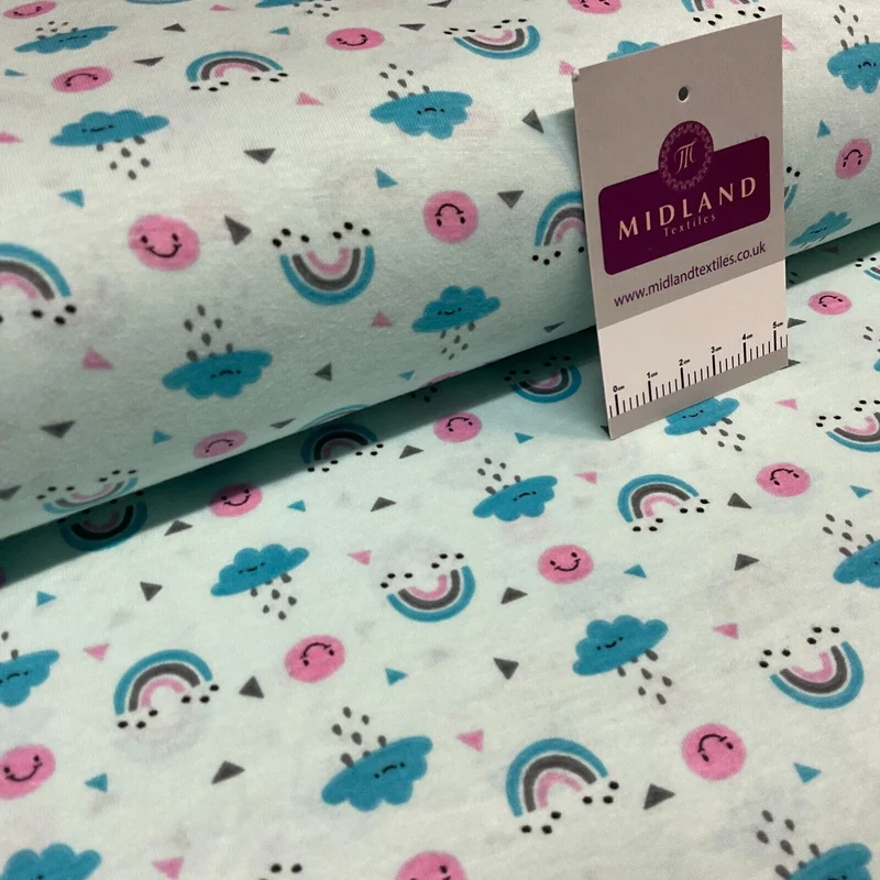 Children's Happy Rainbow Cloud cotton stretch jersey novelty dress fabric M1714