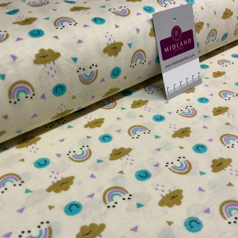 Children's Happy Rainbow Cloud cotton stretch jersey novelty dress fabric M1714