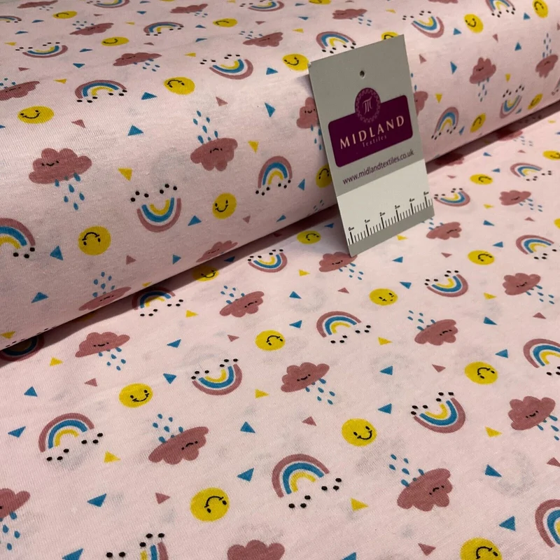 Children's Happy Rainbow Cloud cotton stretch jersey novelty dress fabric M1714