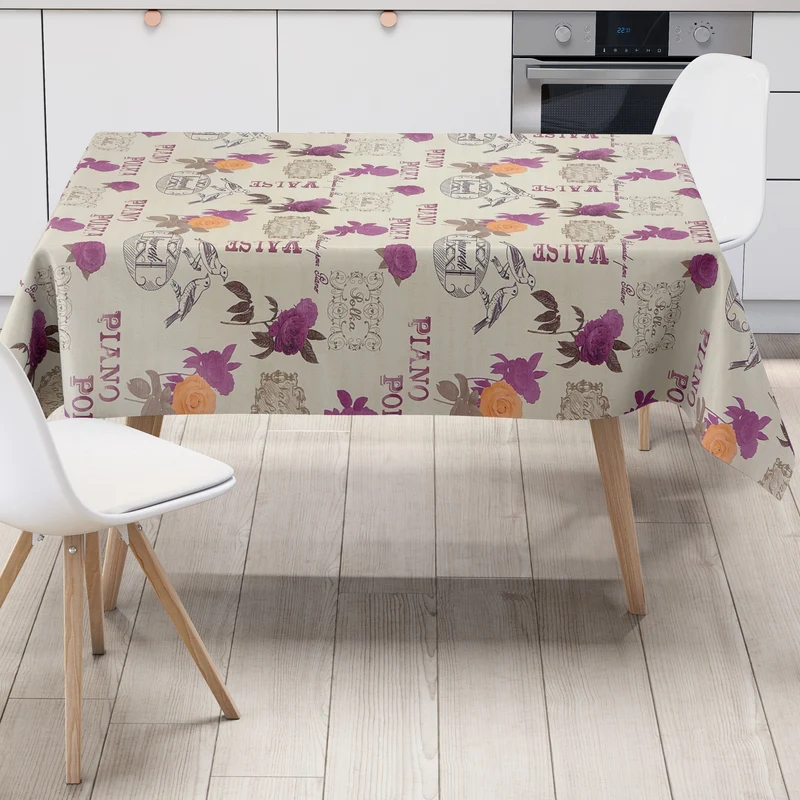 Wachstuch Tischdecke geprägt KE32810 PIANO POLKA Rosen und Vögel eckig rund oval