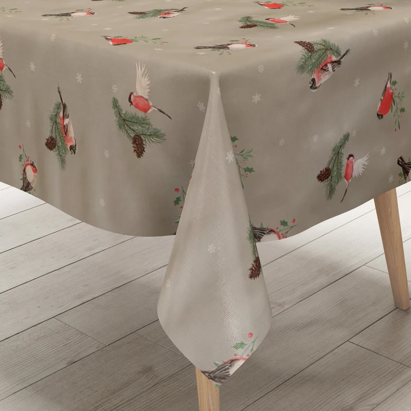 Wachstuch Tischdecke 01742-01 taupefarben Weihnachten Rotkehlchen Winter eckig rund oval