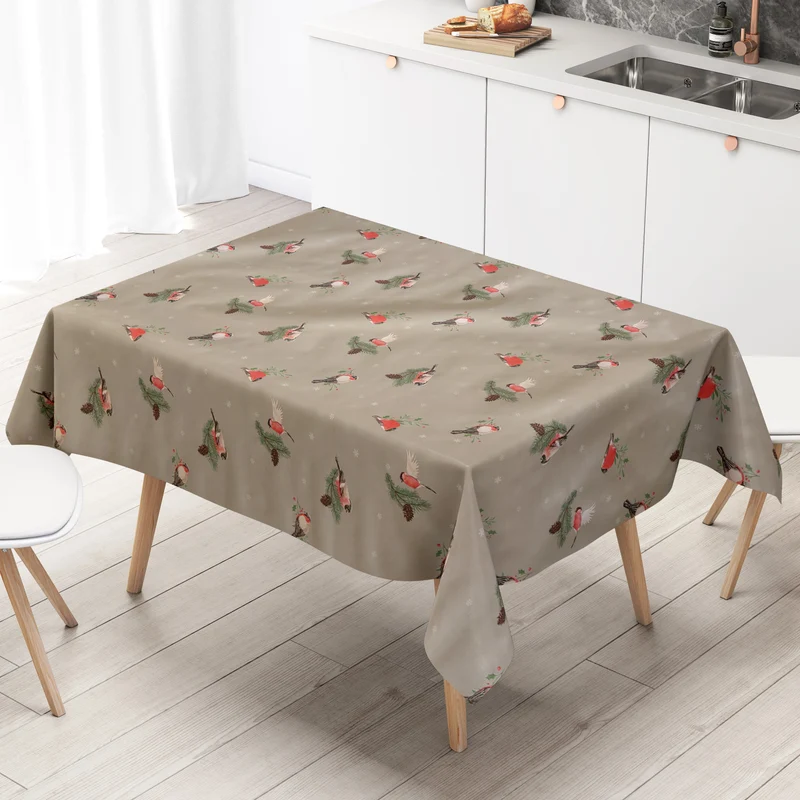 Wachstuch Tischdecke 01742-01 taupefarben Weihnachten Rotkehlchen Winter eckig rund oval