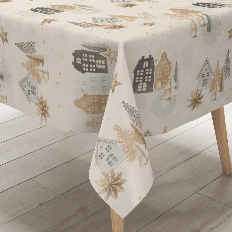 Wachstuch Tischdecke 06378-01 beige Weihnachten Advent Winterdorf eckig rund oval
