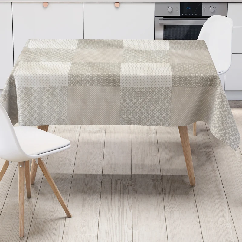 Wachstuch Tischdecke M19320 weiß taupe Ornamente Punkte eckig rund oval