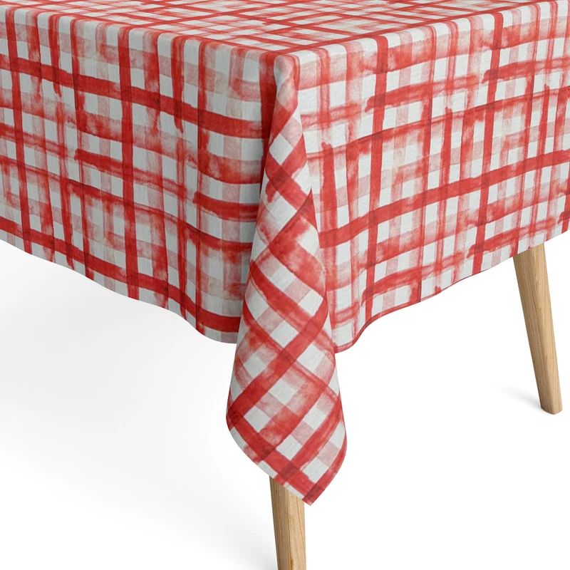Jacquard Tischdecke aus beschichteter Baumwolle mit Fleckenschutz VEDA RED kariert rot eckig rund oval