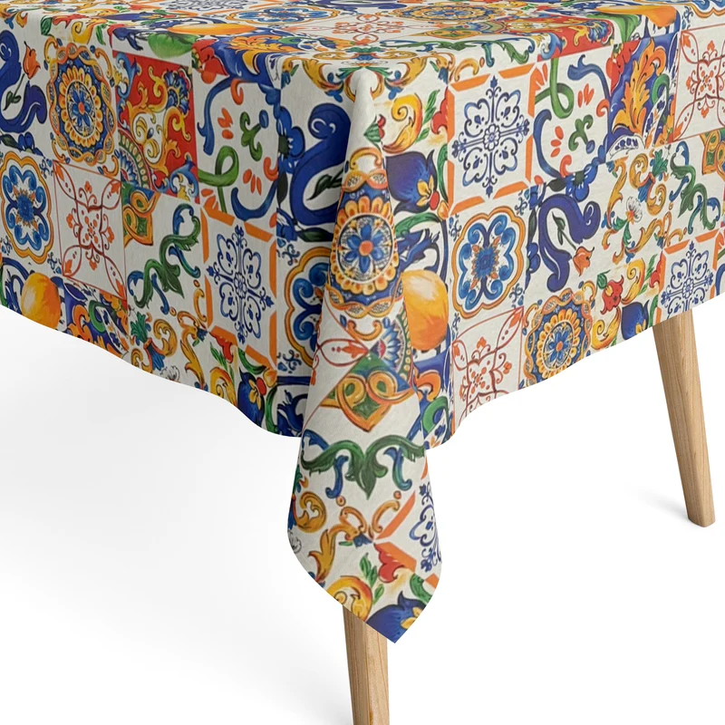 Jacquard Tischdecke aus beschichteter Baumwolle mit Fleckenschutz BASILEO2 Mosaik Fliesen Zitronen eckig rund oval