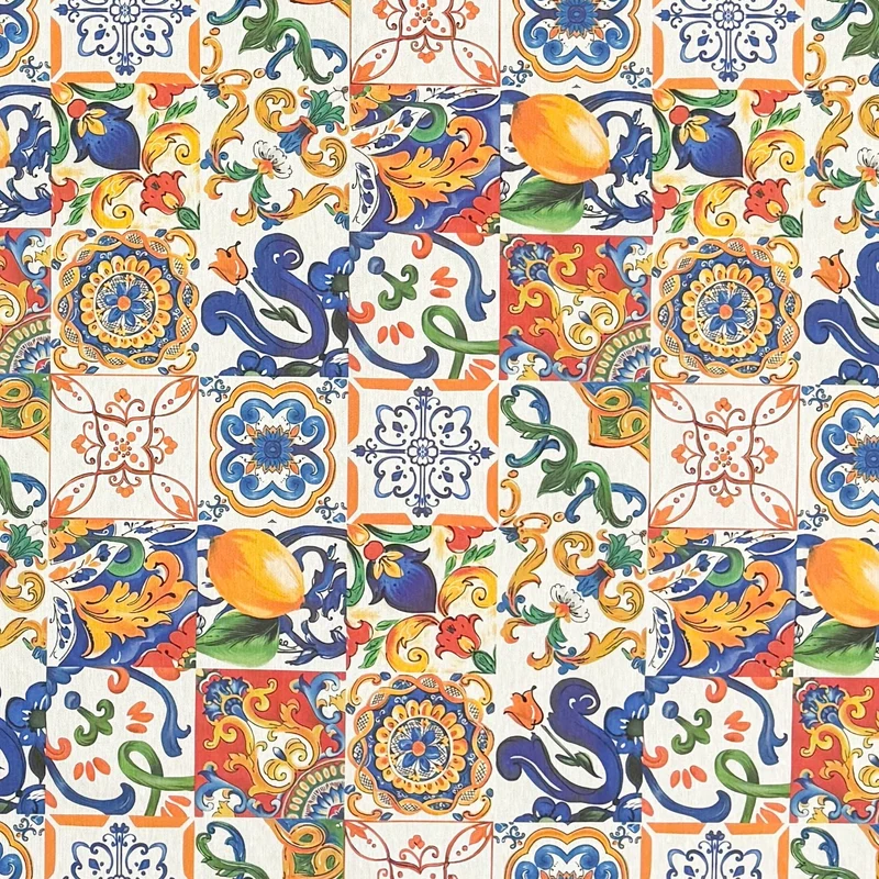 Jacquard Tischdecke aus beschichteter Baumwolle mit Fleckenschutz BASILEO2 Mosaik Fliesen Zitronen eckig rund oval