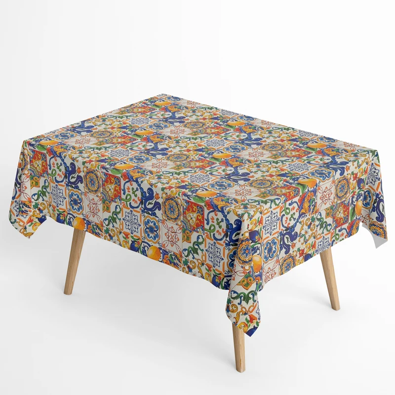 Jacquard Tischdecke aus beschichteter Baumwolle mit Fleckenschutz BASILEO2 Mosaik Fliesen Zitronen eckig rund oval