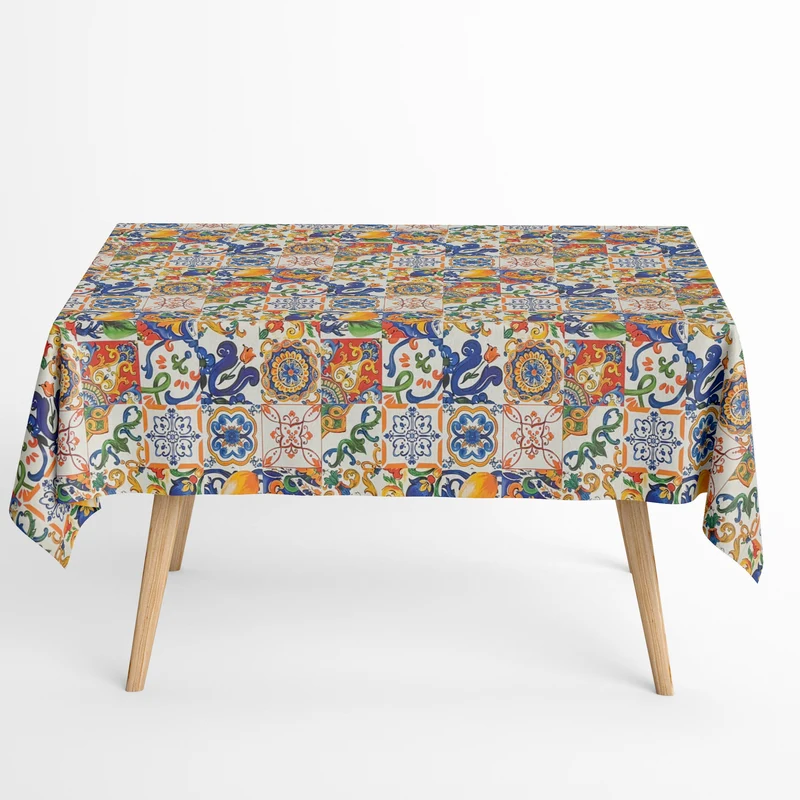 Jacquard Tischdecke aus beschichteter Baumwolle mit Fleckenschutz BASILEO2 Mosaik Fliesen Zitronen eckig rund oval
