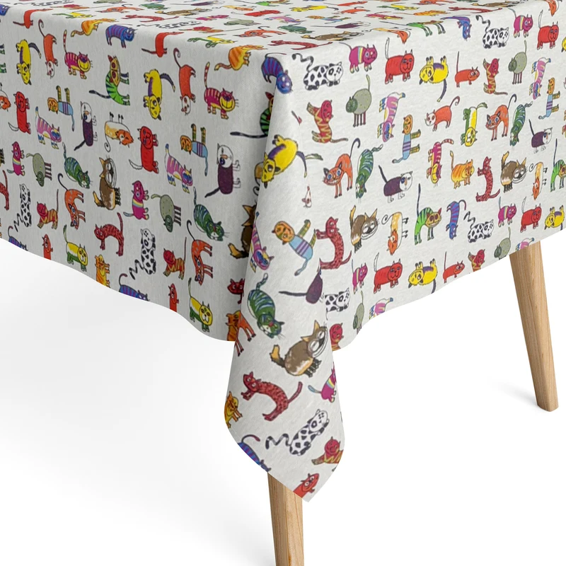Jacquard Tischdecke aus beschichteter Baumwolle mit Fleckenschutz HAPPY CAT bunte Katzen eckig rund oval