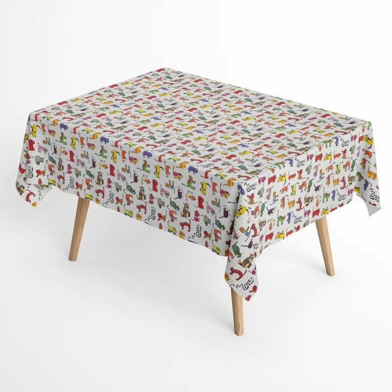 Jacquard Tischdecke aus beschichteter Baumwolle mit Fleckenschutz HAPPY CAT bunte Katzen eckig rund oval