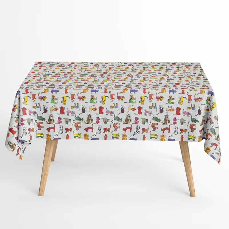 Jacquard Tischdecke aus beschichteter Baumwolle mit Fleckenschutz HAPPY CAT bunte Katzen eckig rund oval