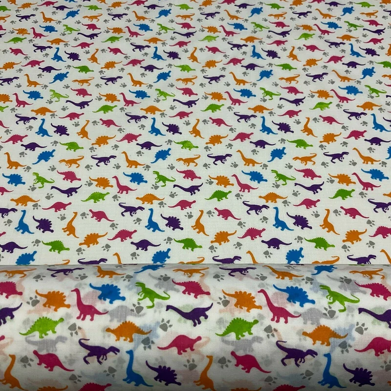 White Tiny Dinosaurs Children's Poly cotton printed lightweight fabric M1637