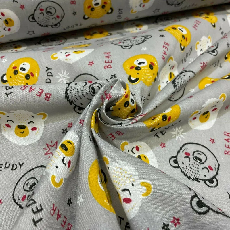 Teddy Bear face Novelty children's Poly cotton printed lightweight fabric M1621
