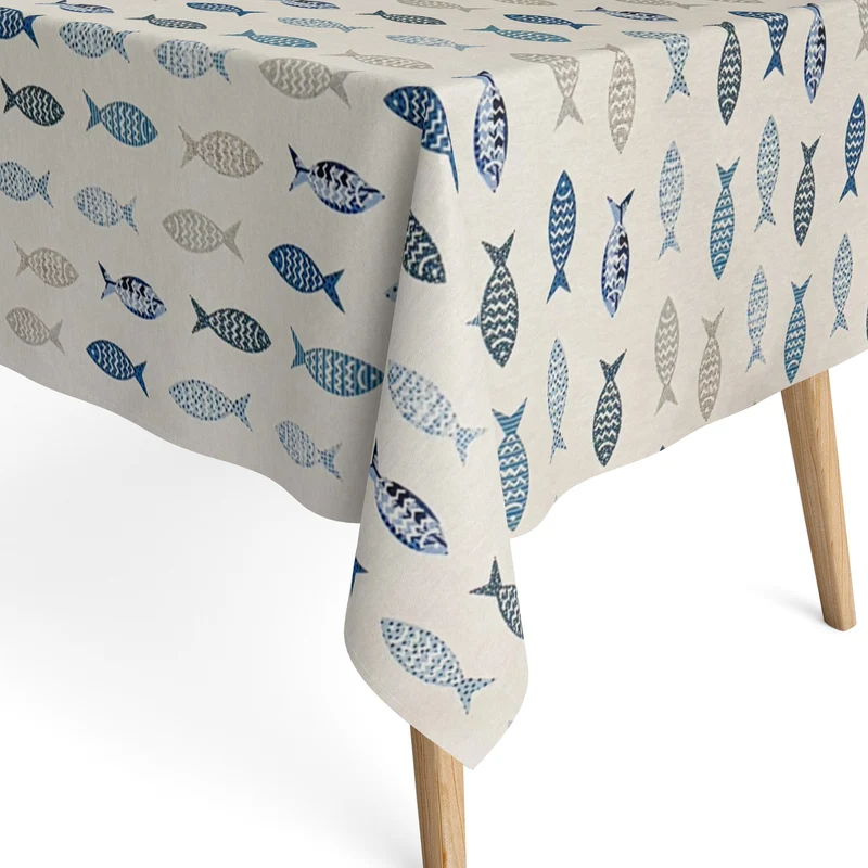 Jacquard Tischdecke aus beschichteter Baumwolle mit Fleckenschutz SALADETA maritim Fische eckig rund oval