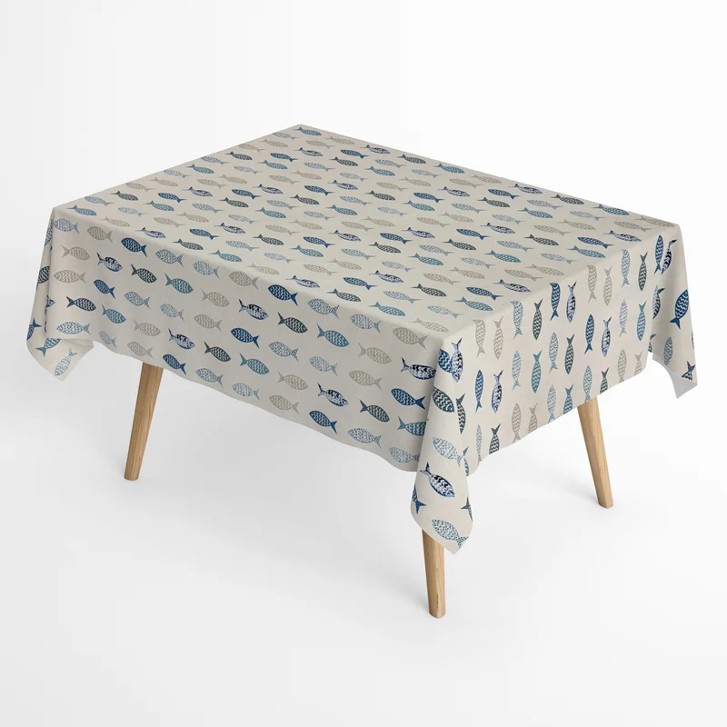 Jacquard Tischdecke aus beschichteter Baumwolle mit Fleckenschutz SALADETA maritim Fische eckig rund oval