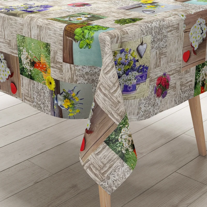 Wachstuch Tischdecke 103A Blumen und Kräuter auf Holz eckig rund oval