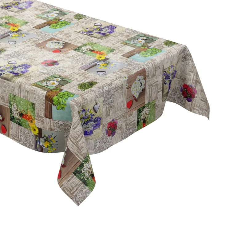 Wachstuch Tischdecke 103A Blumen und Kräuter auf Holz eckig rund oval