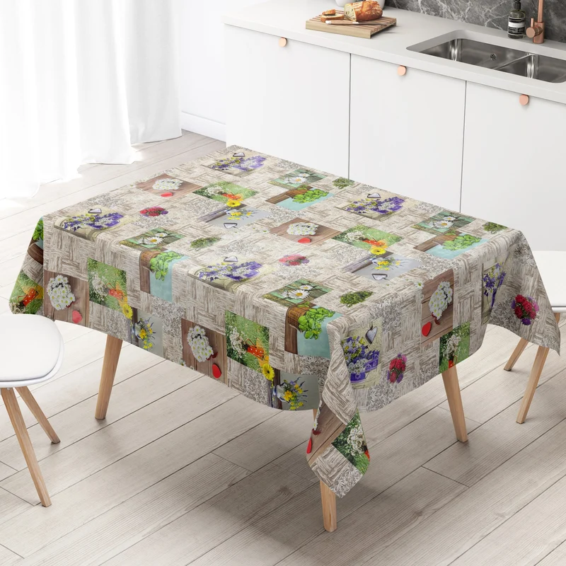 Wachstuch Tischdecke 103A Blumen und Kräuter auf Holz eckig rund oval