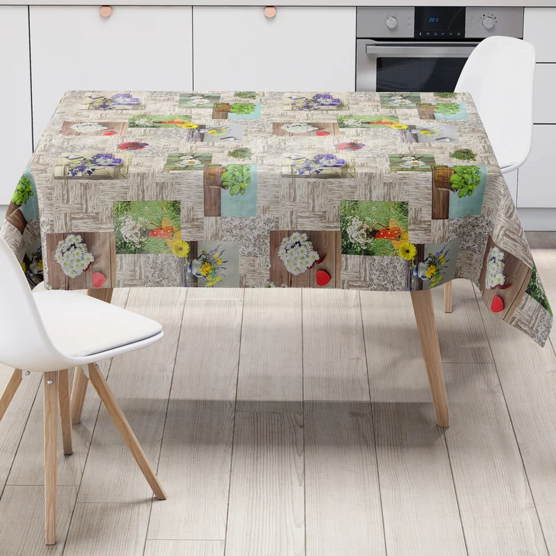Wachstuch Tischdecke 103A Blumen und Kräuter auf Holz eckig rund oval