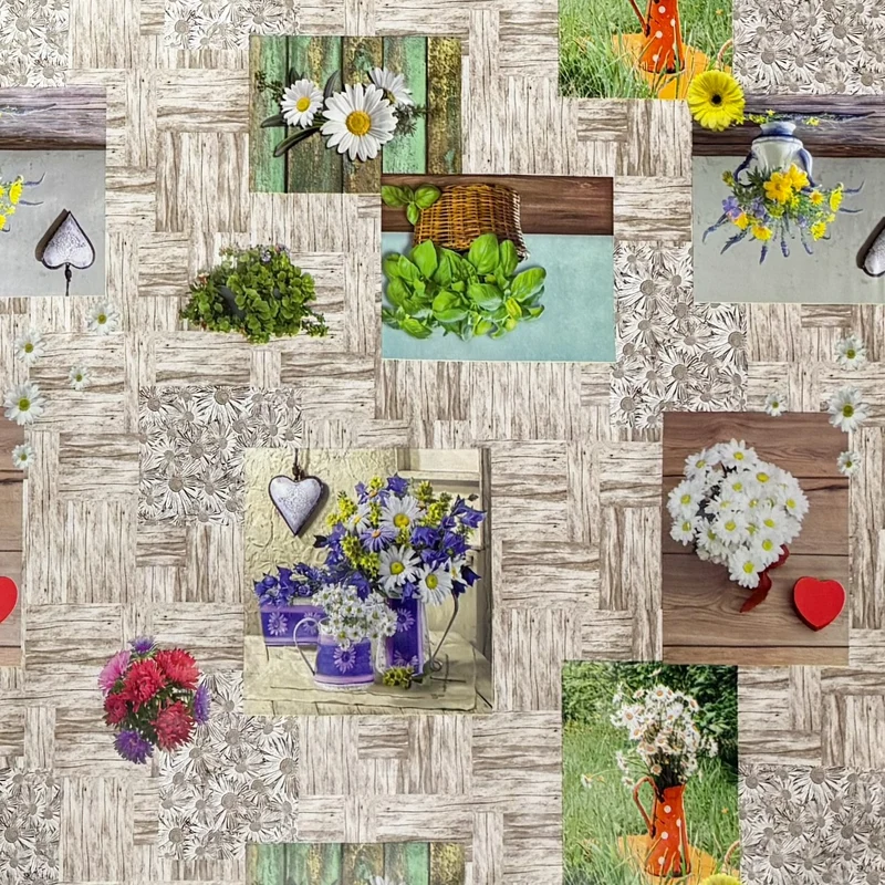Wachstuch Tischdecke 103A Blumen und Kräuter auf Holz eckig rund oval