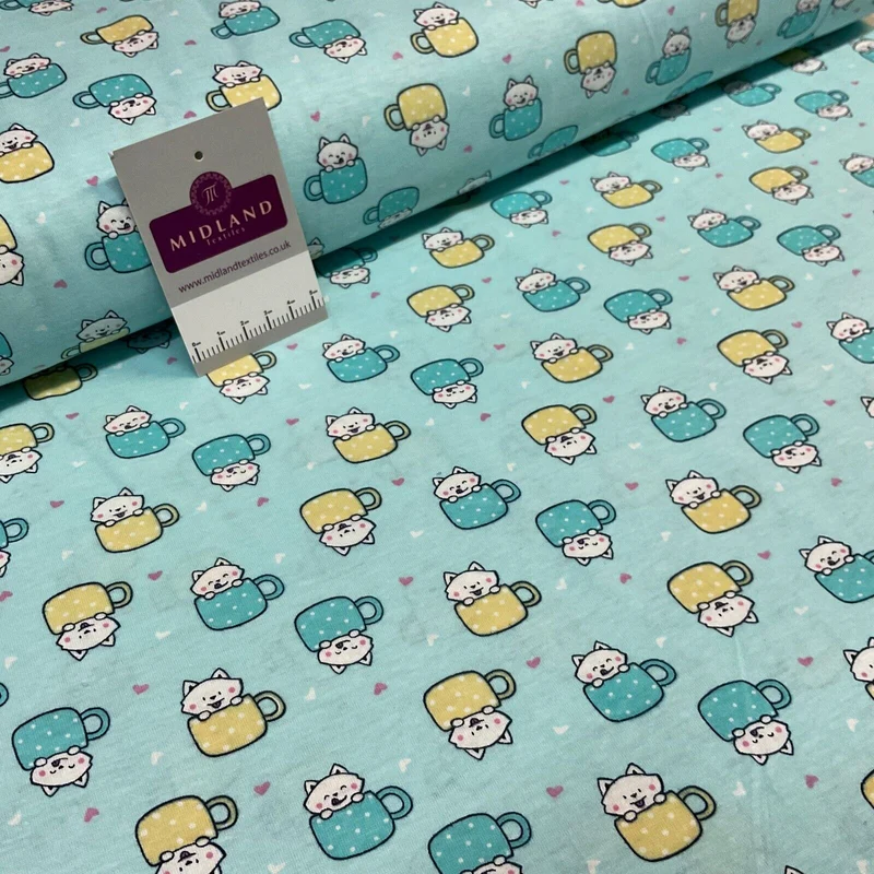 Children's Kitten Kitty Cup cotton stretch jersey novelty dress fabric M1716
