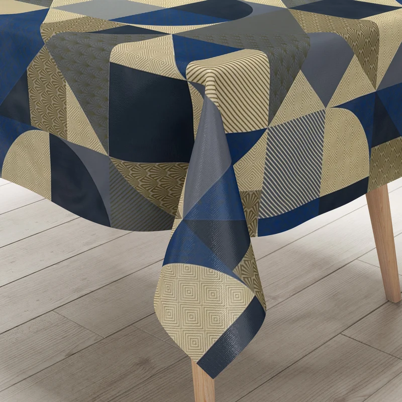 Wachstuch Tischdecke 160 cm Breite Übergröße B6015-01 geometrische Formen in blau gold eckig rund oval