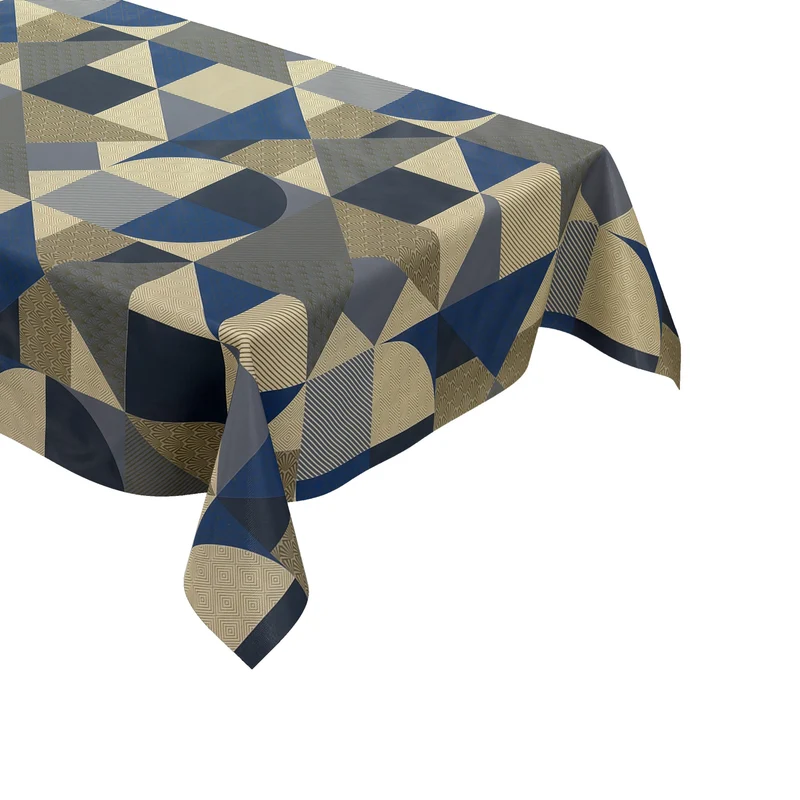 Wachstuch Tischdecke 160 cm Breite Übergröße B6015-01 geometrische Formen in blau gold eckig rund oval