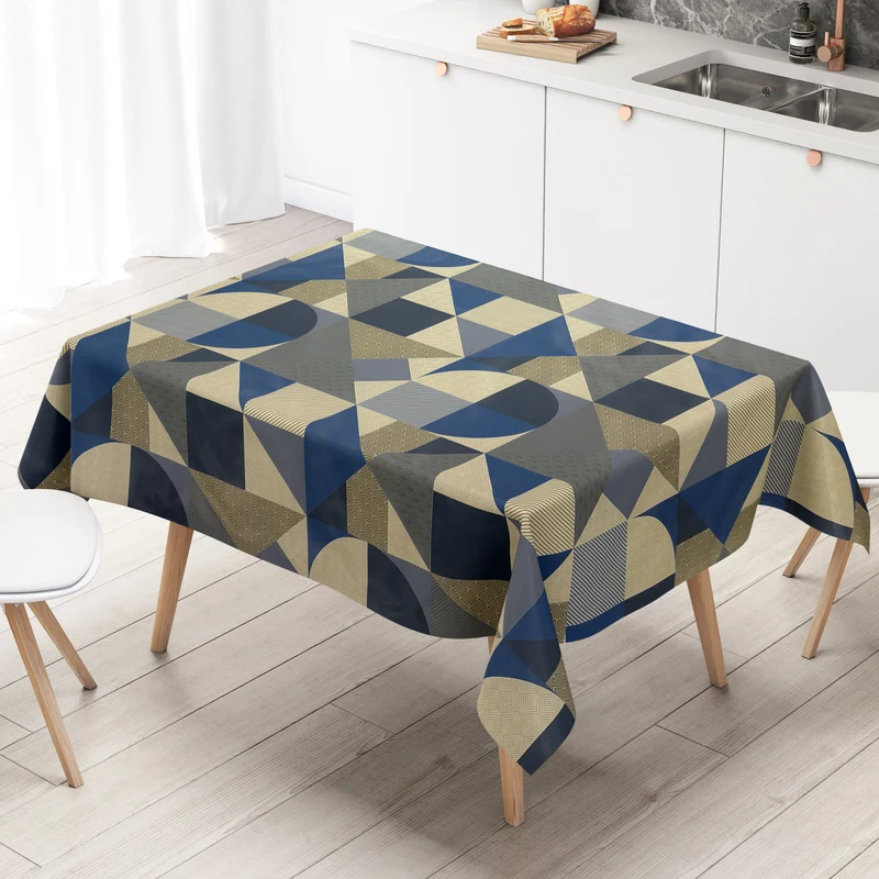 Wachstuch Tischdecke 160 cm Breite Übergröße B6015-01 geometrische Formen in blau gold eckig rund oval