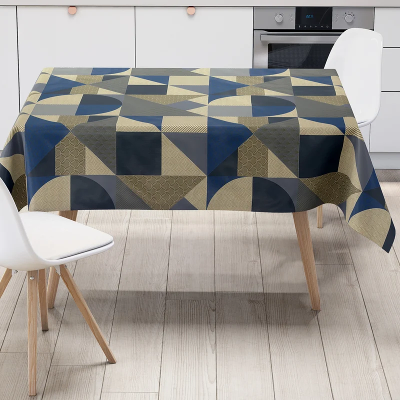 Wachstuch Tischdecke 160 cm Breite Übergröße B6015-01 geometrische Formen in blau gold eckig rund oval