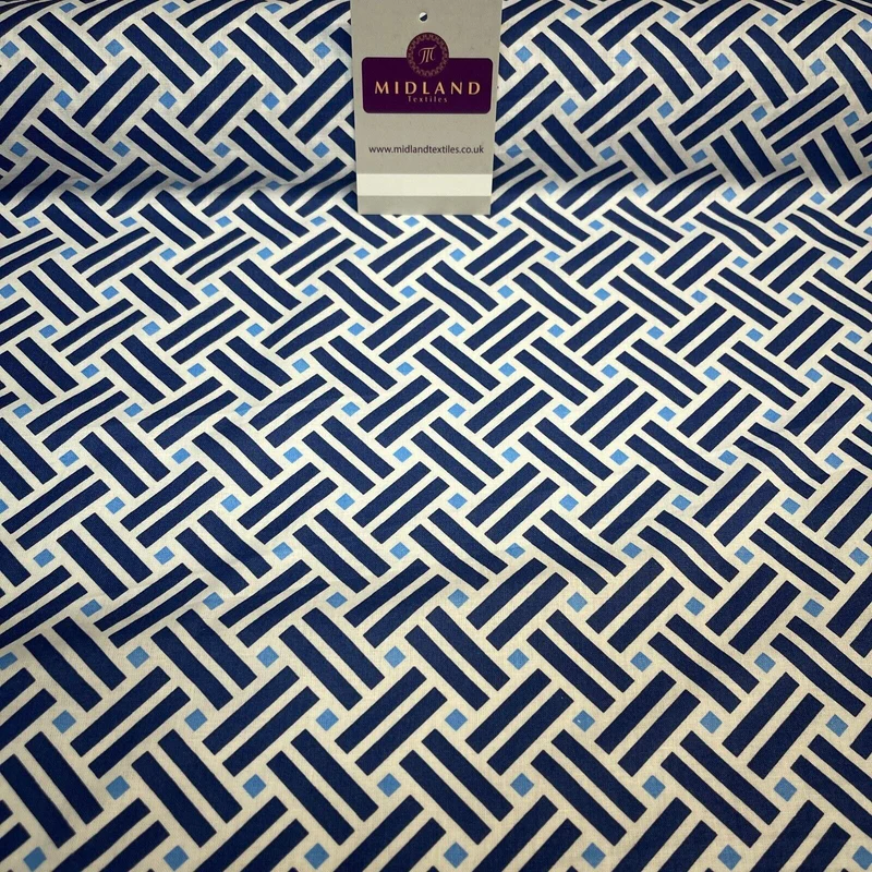 White Blue Geometric 100% Cotton Dress fabric M1400-48 Mtex