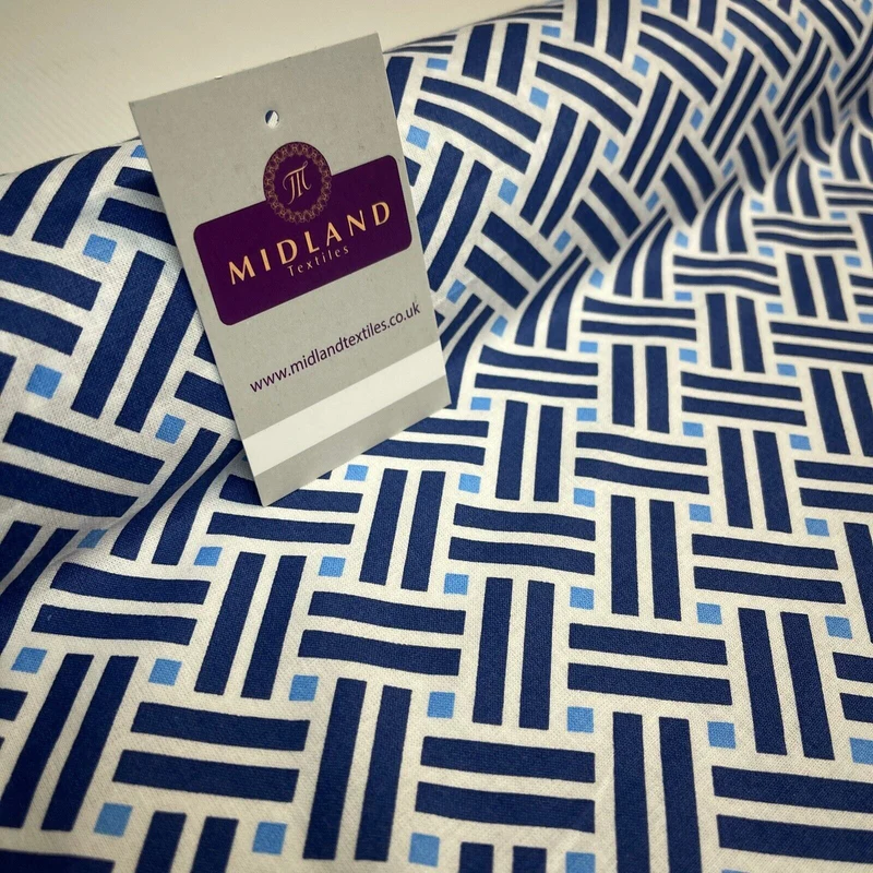 White Blue Geometric 100% Cotton Dress fabric M1400-48 Mtex