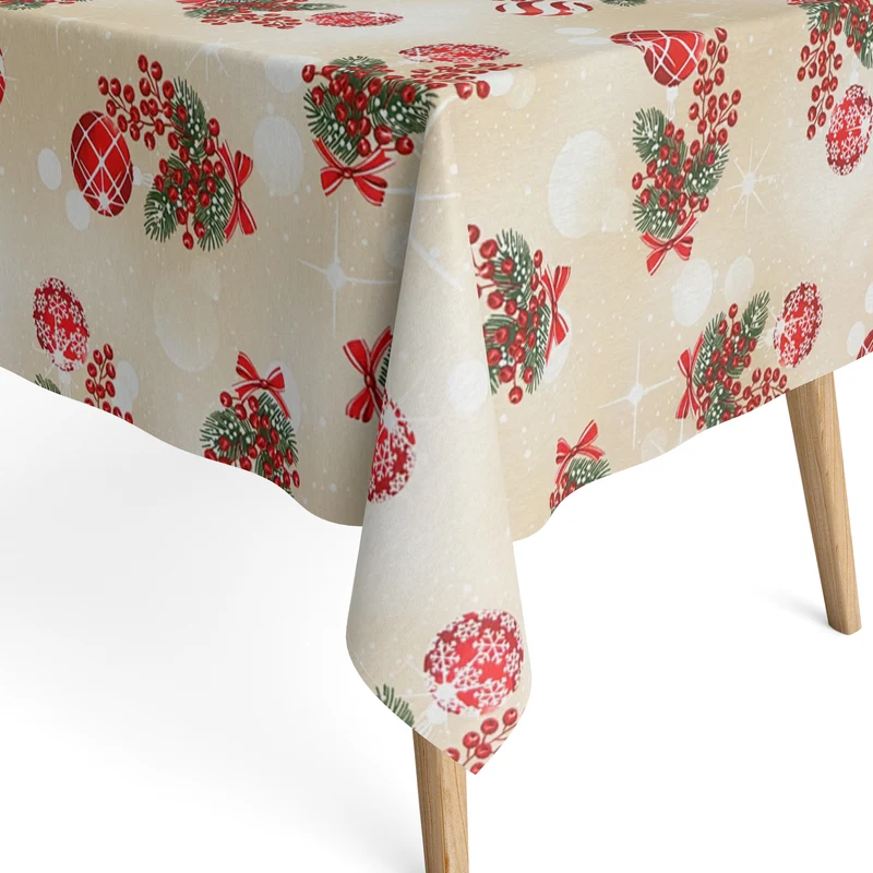 Jacquard Tischdecke aus beschichteter Baumwolle mit Fleckenschutz ESCARCHA beige Weihnachten Tannenzweige Weihnachtskugeln eckig rund oval