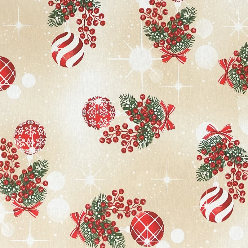 Jacquard Tischdecke aus beschichteter Baumwolle mit Fleckenschutz ESCARCHA beige Weihnachten Tannenzweige Weihnachtskugeln eckig rund oval
