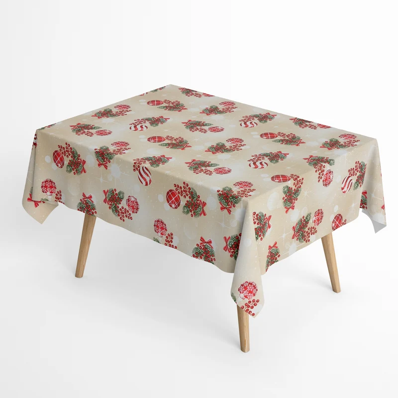 Jacquard Tischdecke aus beschichteter Baumwolle mit Fleckenschutz ESCARCHA beige Weihnachten Tannenzweige Weihnachtskugeln eckig rund oval