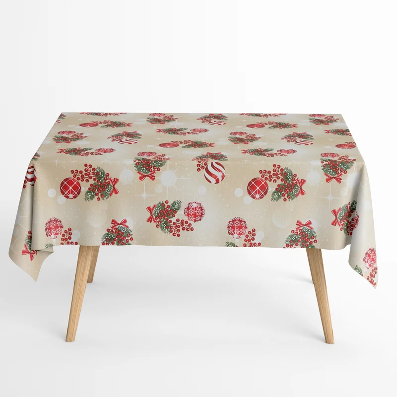 Jacquard Tischdecke aus beschichteter Baumwolle mit Fleckenschutz ESCARCHA beige Weihnachten Tannenzweige Weihnachtskugeln eckig rund oval