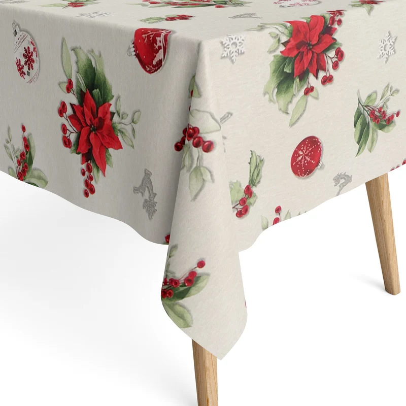 Jacquard Tischdecke aus beschichteter Baumwolle mit Fleckenschutz FROSTY beige Weihnachten Weihnachtsstern Weihnachtskugel eckig rund oval