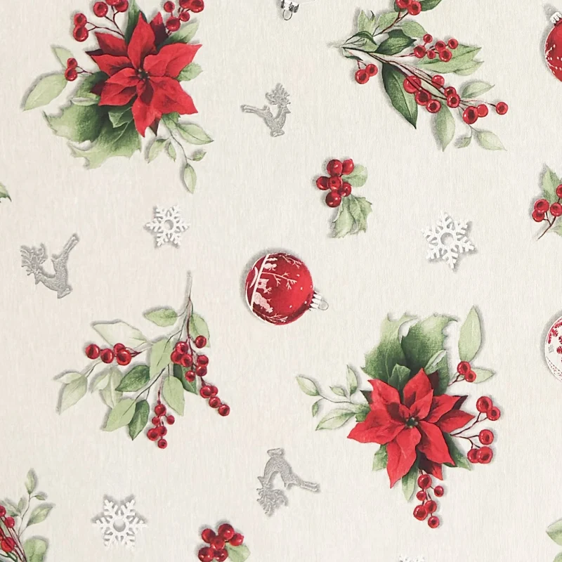 Jacquard Tischdecke aus beschichteter Baumwolle mit Fleckenschutz FROSTY beige Weihnachten Weihnachtsstern Weihnachtskugel eckig rund oval