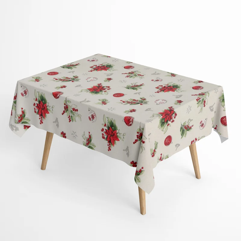 Jacquard Tischdecke aus beschichteter Baumwolle mit Fleckenschutz FROSTY beige Weihnachten Weihnachtsstern Weihnachtskugel eckig rund oval