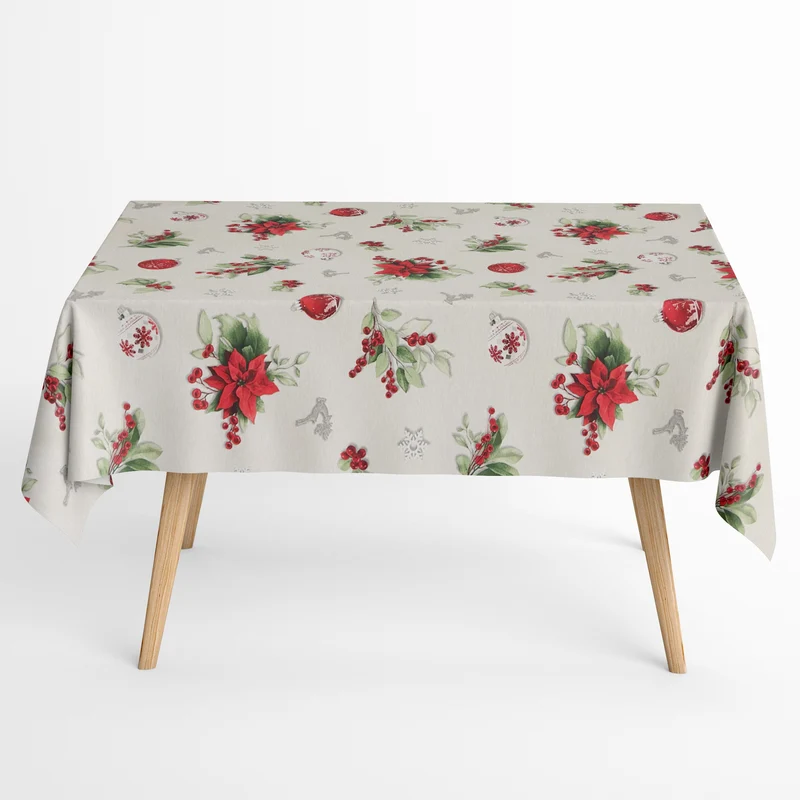 Jacquard Tischdecke aus beschichteter Baumwolle mit Fleckenschutz FROSTY beige Weihnachten Weihnachtsstern Weihnachtskugel eckig rund oval