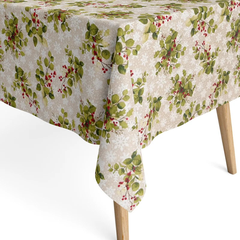 Jacquard Tischdecke aus beschichteter Baumwolle mit Fleckenschutz SNOWLEAF Weihnachten Stechpalme Schneeflocken eckig rund oval
